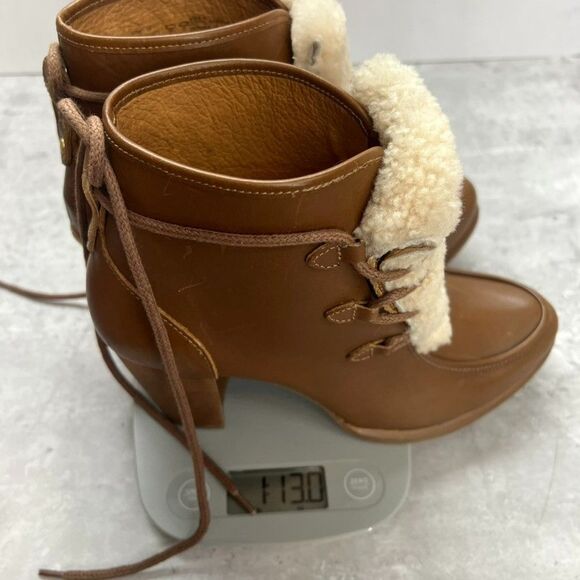 UGG Chestnut Analise Exposed Fur Leather Stacked Heel Ankle Boots Womens 7.5 - Picture 10 of 10